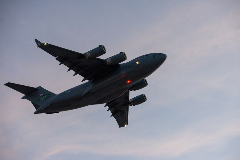 A U.S. Air Force C-17 Globemaster III takes off from Al Udeid Air Base, Qatar, Aug. 6, 2020, carrying humanitarian aid supplies bound for Beirut, Lebanon. U.S. Central Command is coordinating with the Lebanese Armed Forces and U.S. Embassy-Beirut to transport critical supplies as quickly as possible to support the needs of the Lebanese people.
