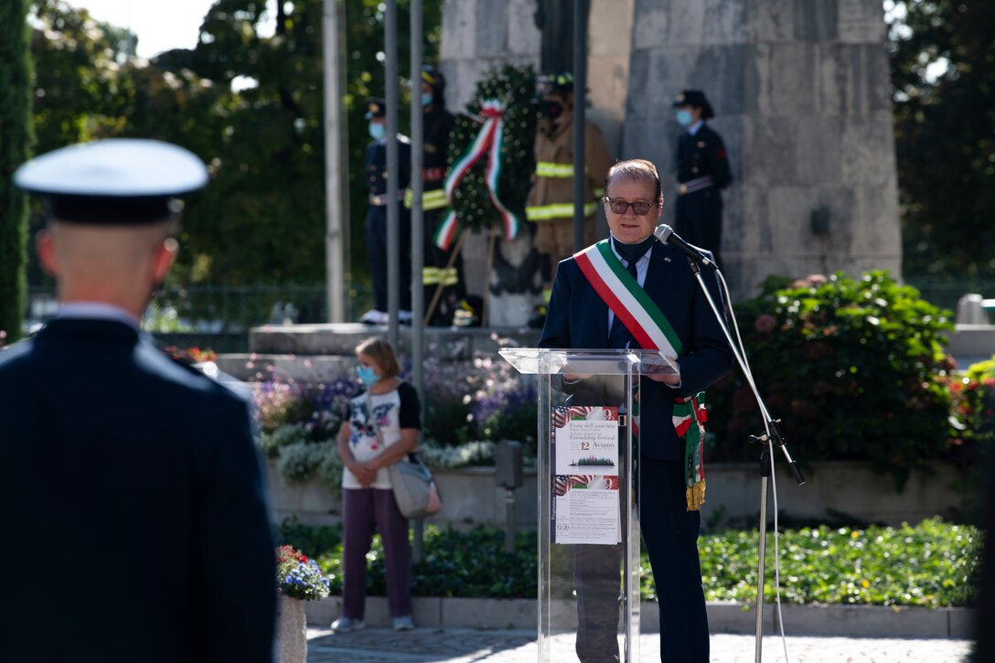 Ilario De Marco, mayor of Aviano, speaks at the 19th Annual Italian-American Friendship Festival in Aviano, Italy, Sept. 12, 2020. The festival is held yearly to honor victims of 9/11. This year’s festival also honored the victims of COVID-19. (U.S. Air Force photo by Senior Airman Caleb House)