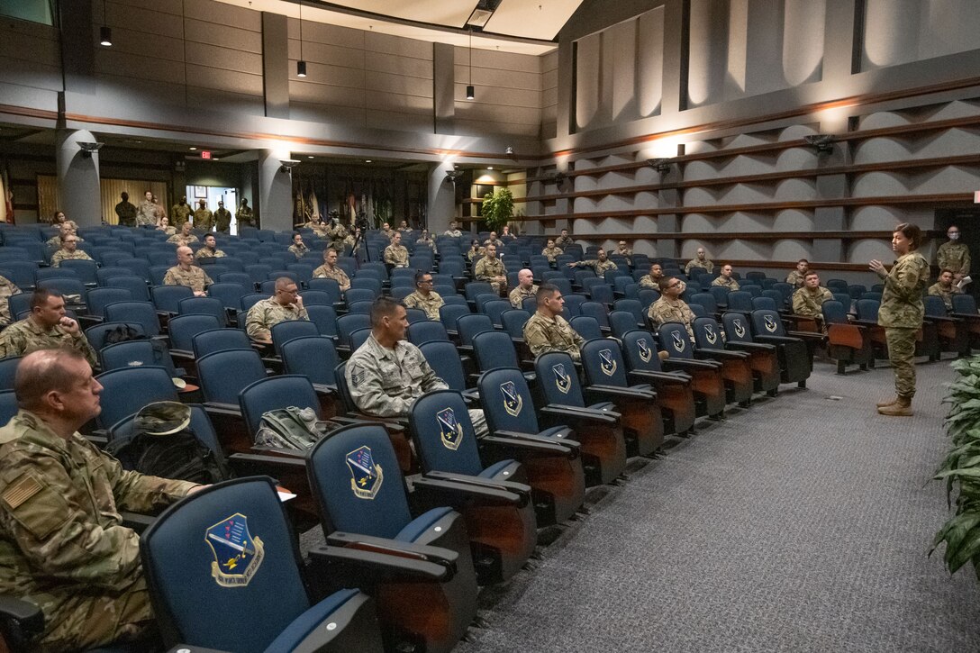 Chief Master Sgt. of the Air Force JoAnne S. Bass speaks with Air Force First Sergeant Academy students Sept. 24, 2020, on Maxwell Air Force Base, Alabama. During her visit, Bass emphasized the tremendous influence first sergeants have on the culture of their units. (U.S. Air Force photo by Trey Ward)