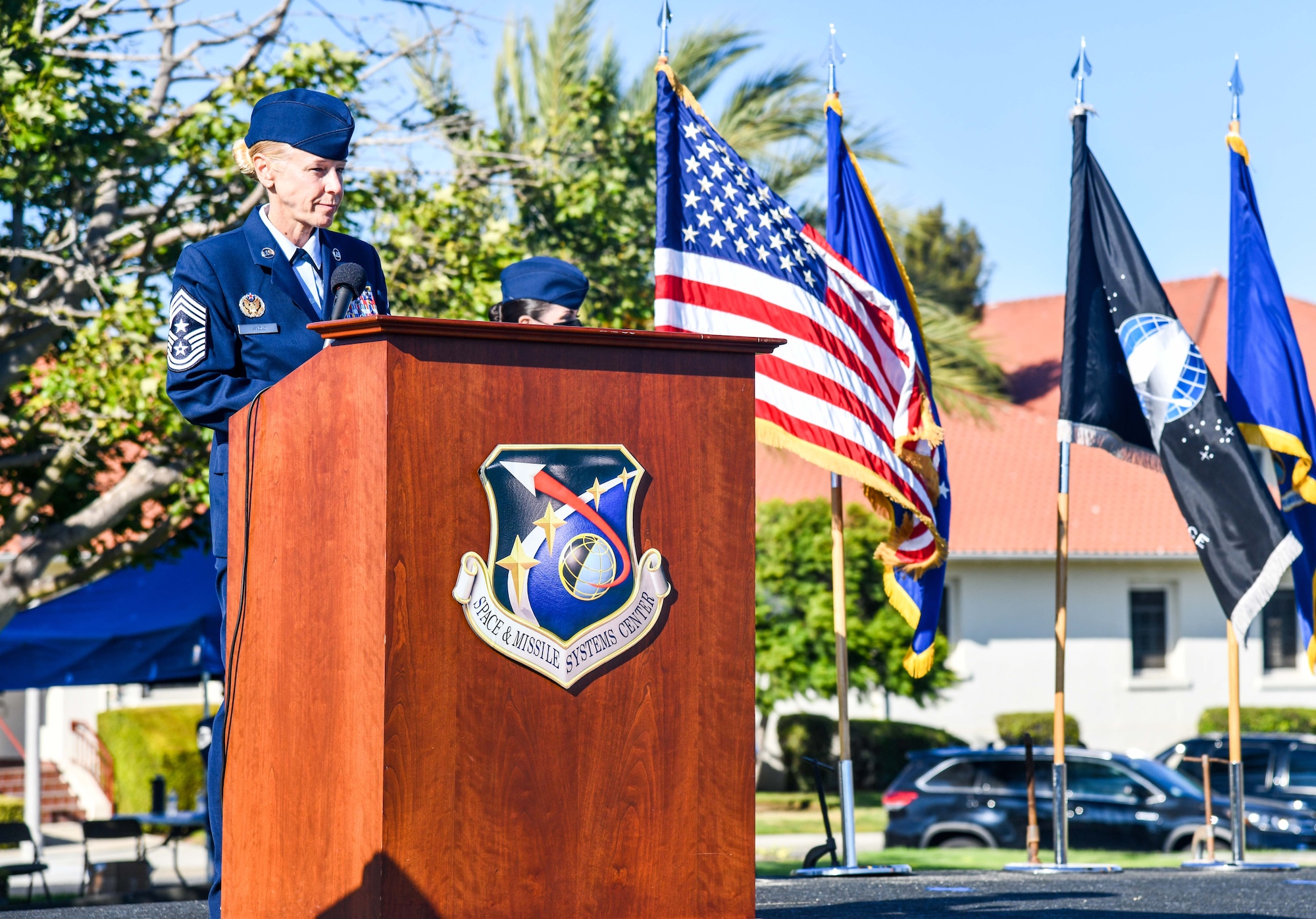 U.S. Air Force Chief Master Sgt. Lisa Arnold, Space and Missile Systems Center command chief, addresses graduates during the first-ever Airman Leadership School graduation ceremony on Ft. MacArthur, California, Sept. 22, 2020. This marked a significant milestone for Los Angeles AFB as this was the first time the installation hosted the Enlisted Professional Military Education course. (U.S. Space Force photo by Van Ha)