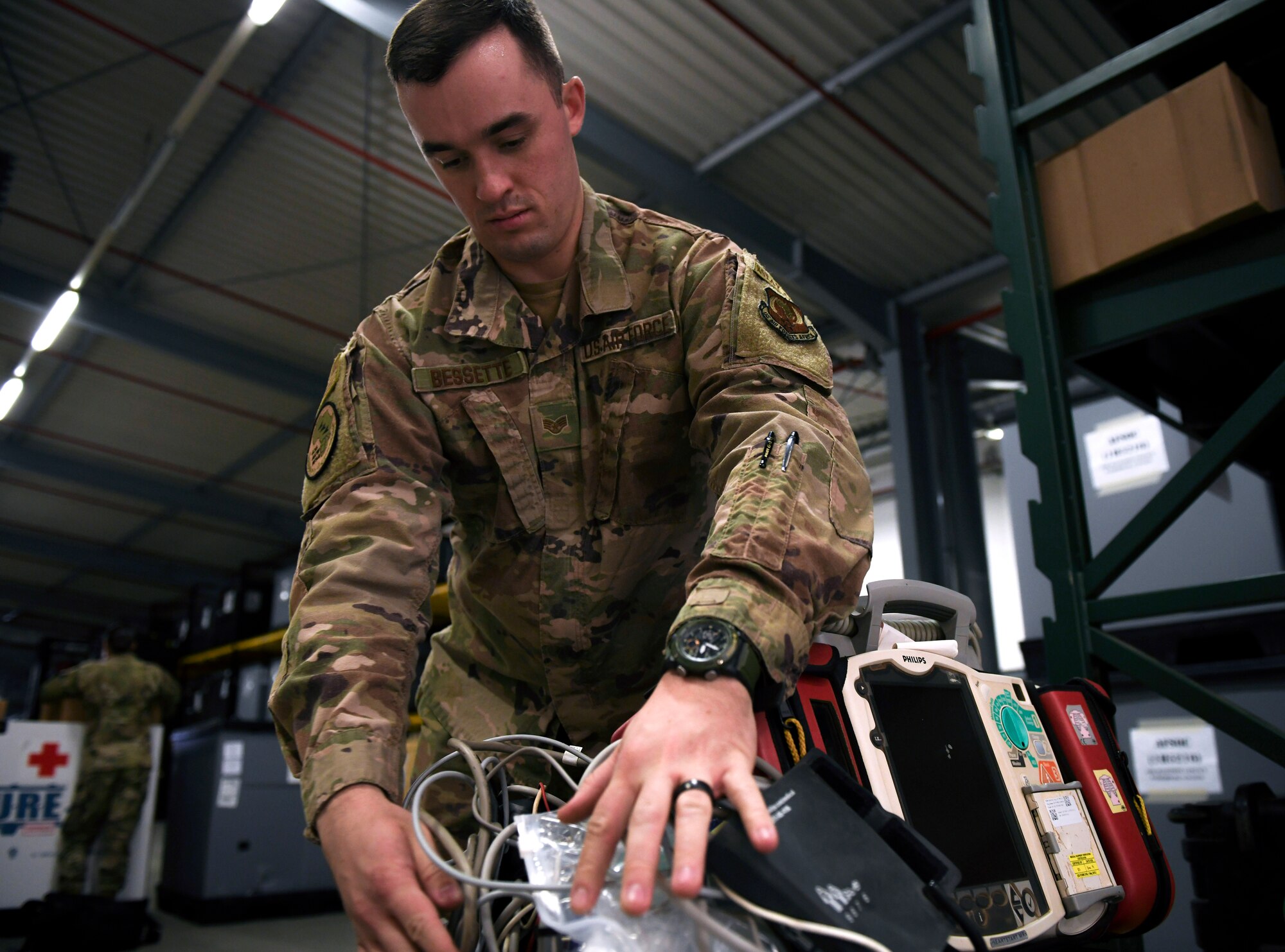 Staff Sgt. Clayton Bessette, 435th Air Expeditionary Wing surgeon general office biomedical equipment technician, checks inventory at Ramstein Air Base, Germany, Sept. 22, 2020. The surgeon general office has oversight of all medical operations and equipment conducted at 435th AEW units throughout Africa and is the main resource for medical personnel regarding supplies, maintenance and readiness.  (U.S. Air Force photo by Senior Airman Madeline Herzog)