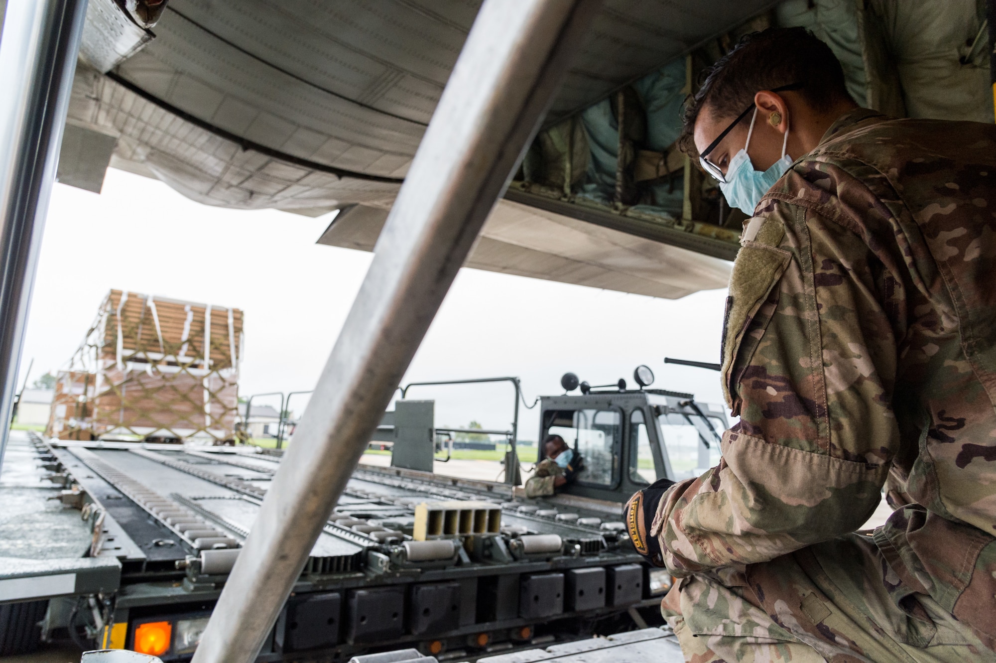 Airmen from the 436th Aerial Port Squadron load cargo onto an Egyptian air force C-130H Hercules Sept. 11, 2020, at Dover Air Force Base, Delaware, as part of a foreign military sales project. The strategic and historic partnership between Egypt and the United States plays a leading role in counterterrorism and regional security throughout the U.S. Central Command area of responsibility. Due to its strategic location, Dover AFB regularly supports foreign military sales operations. (U.S. Air Force photo by Roland Balik)