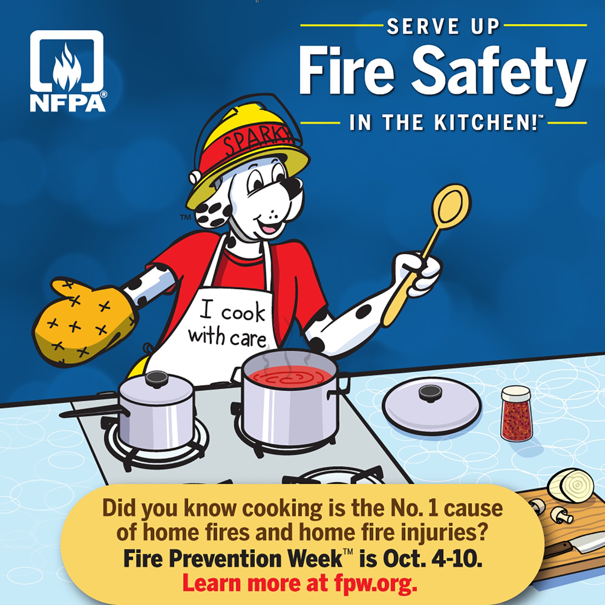 Joint Base San Antonio Fire Emergency Services is teaming up with the National Fire Protection Association, or NFPA – the official sponsor of Fire Prevention Week for more than 90 years —to promote this year’s Fire Prevention Week campaign titled “Serve Up Fire Safety in the Kitchen!”
