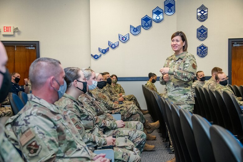 Chief Master Sgt. of the Air Force JoAnne S. Bass speaks at the Air Force Senior Noncommissioned Officers Academy Sept. 24, 2020, on Maxwell Air Force Base, Alabama. During her visit, Bass discussed the current climate of the force, the role of first sergeants and her priorities; people, readiness and culture.(U.S. Air Force photo by Trey Ward)