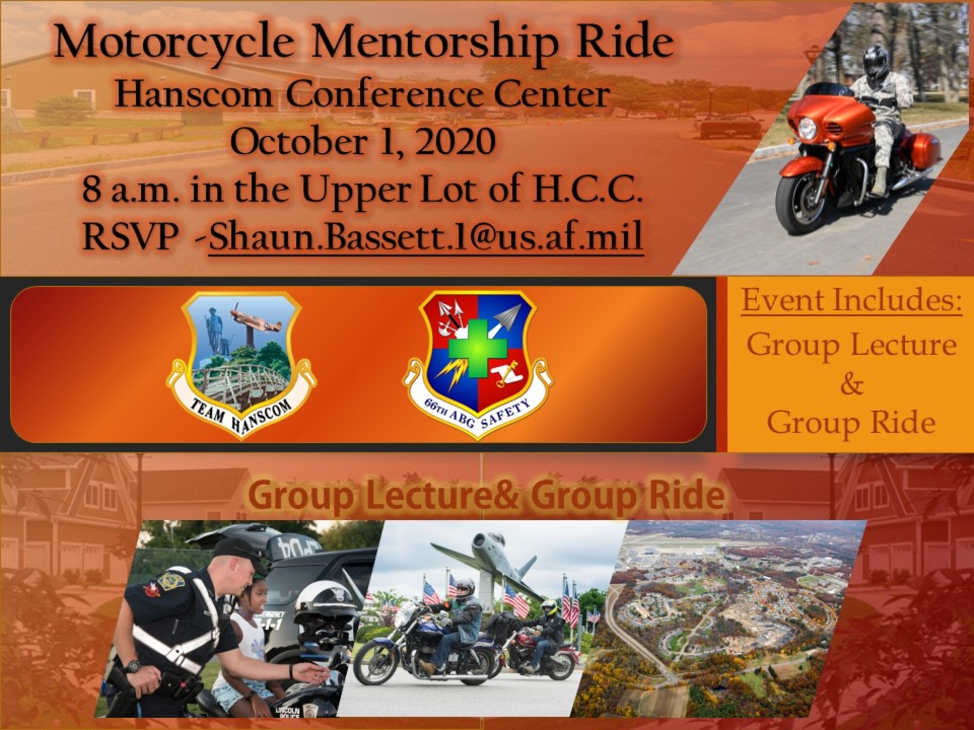 The Hanscom Safety Office will host a motorcycle mentorship training and ride at the conference center here Oct. 1. (U.S. Air Force graphic by Lance Beebe)