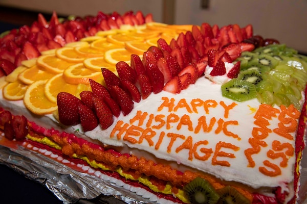 A cake is displayed in honor of Hispanic Heritage Month aboard the Wasp-class amphibious assault ship USS Kearsarge (LHD 3).