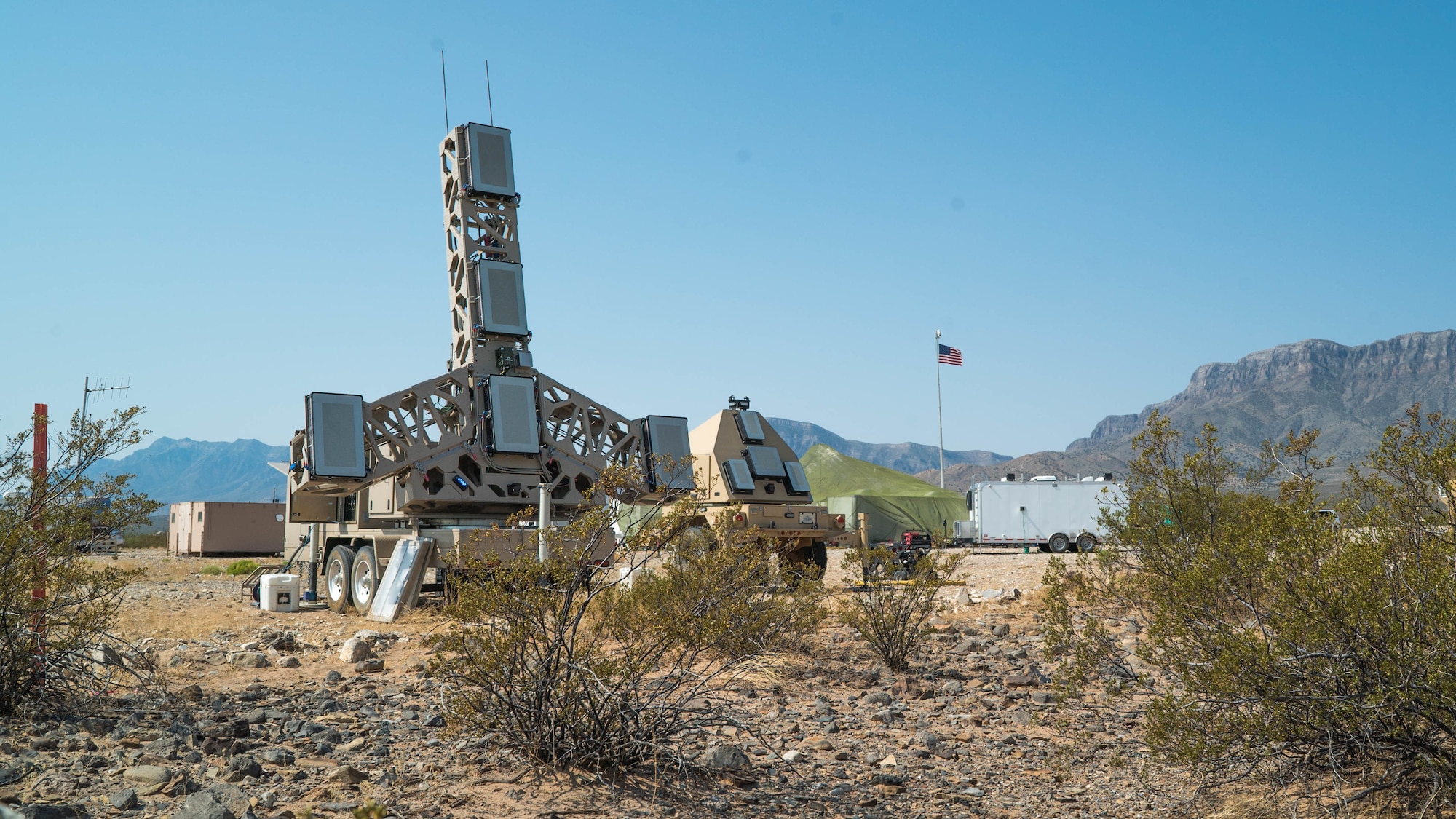 A prototype fire control radar, used to track threats and pass information to weapons designed to take down the target, is being tested during the Advanced Battle Management Systems Onramp 2 at White Sands Missile Range, N.M., Aug. 27, 2020. The Advanced Battle Management System is an interconnected battle network - the digital architecture or foundation - which collects, processes and shares data relevant to warfighters. (U.S. Air Force photo by Senior Airman Daniel Garcia)