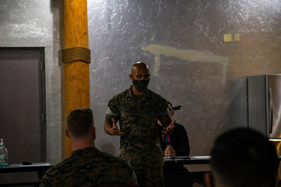 NCO's of Headquartes and Headquarters Squadon (H&HS) discussed ways to improve morale among their junior Marines at the Sonoran Pueblo aboard Marine Corps Air Station (MCAS) Yuma on July 17, 2020.