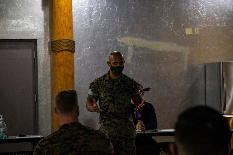 NCO's of Headquartes and Headquarters Squadon (H&HS) discussed ways to improve morale among their junior Marines at the Sonoran Pueblo aboard Marine Corps Air Station (MCAS) Yuma on July 17, 2020. (U.S. Marine Corps photo by LCpl Gabrielle Sanders)