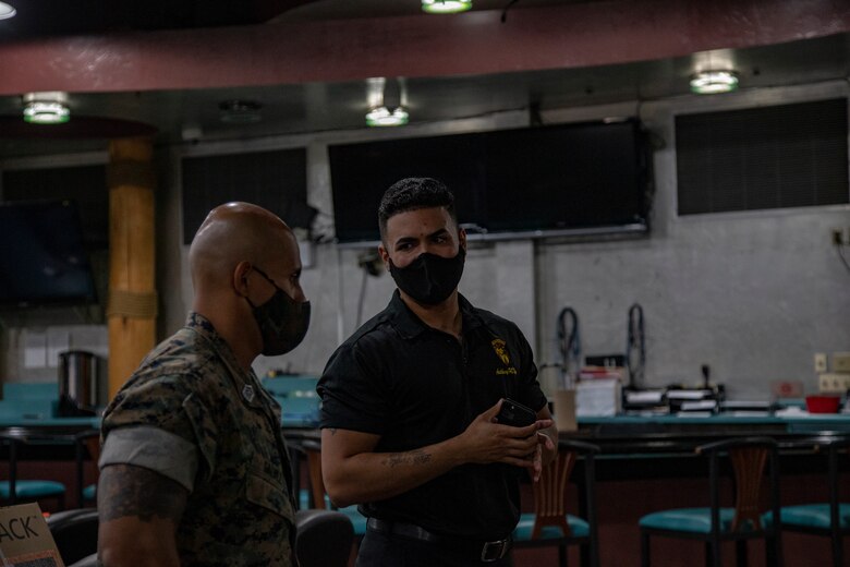 NCO's of Headquartes and Headquarters Squadon (H&HS) discussed ways to improve morale among their junior Marines at the Sonoran Pueblo aboard Marine Corps Air Station (MCAS) Yuma on July 17, 2020. (U.S. Marine Corps photo by LCpl Gabrielle Sanders)