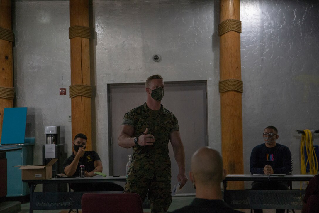 NCO's of Headquartes and Headquarters Squadon (H&HS) discussed ways to improve morale among their junior Marines at the Sonoran Pueblo aboard Marine Corps Air Station (MCAS) Yuma on July 17, 2020.