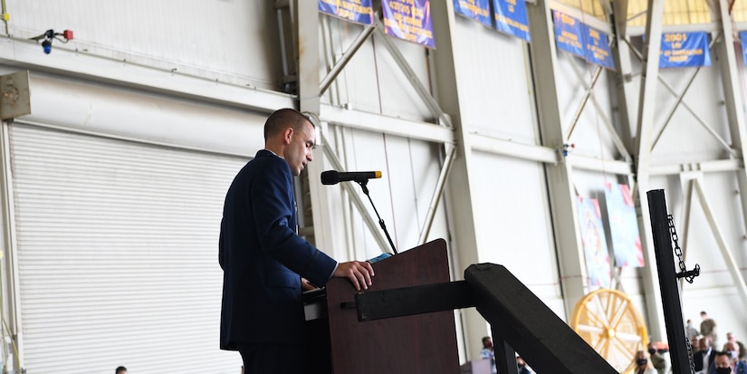 U.S. Air Force Col. Marc Greene, 628th Air Base Wing commander, gives a short speech during the Honorary Commander Induction Ceremony, Sept. 17, 2020 at Joint base Charleston. Civic and base leaders came together for a brief socially-distanced event that introduced new honorary commanders to their respective Joint Base Charleston counterparts. The Honorary Commander’s Program provides leaders within the community an opportunity to learn more about the base’s mission including all tenant units. The program also allows service members to become more connected to their local community.