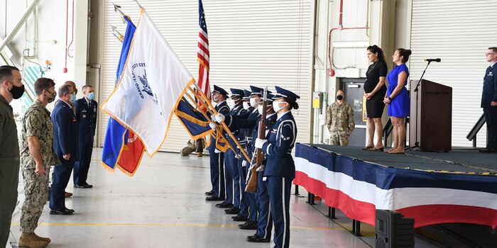 The Joint Base Charleston Honor Guard presents the colors during the Honorary Commander Induction Ceremony, Sept. 17, 2020 at Joint base Charleston. Civic and base leaders came together for a brief socially-distanced event that introduced new honorary commanders to their respective Joint Base Charleston counterparts. The Honorary Commander’s Program provides leaders within the community an opportunity to learn more about the base’s mission including all tenant units. The program also allows service members to become more connected to their local community.