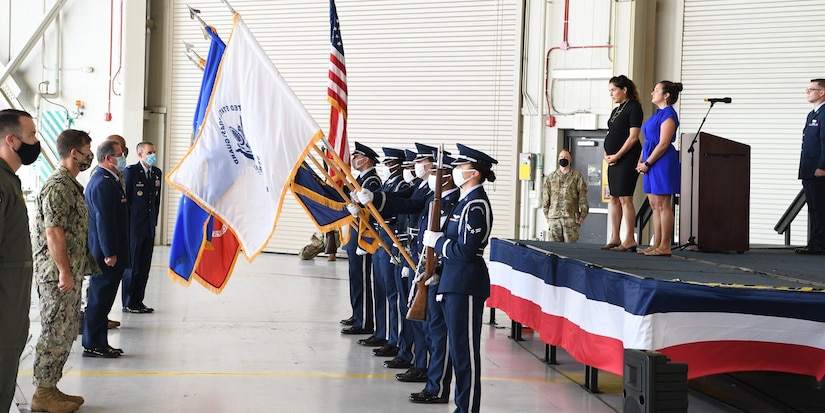 The Joint Base Charleston Honor Guard presents the colors during the Honorary Commander Induction Ceremony, Sept. 17, 2020 at Joint base Charleston. Civic and base leaders came together for a brief socially-distanced event that introduced new honorary commanders to their respective Joint Base Charleston counterparts. The Honorary Commander’s Program provides leaders within the community an opportunity to learn more about the base’s mission including all tenant units. The program also allows service members to become more connected to their local community.
