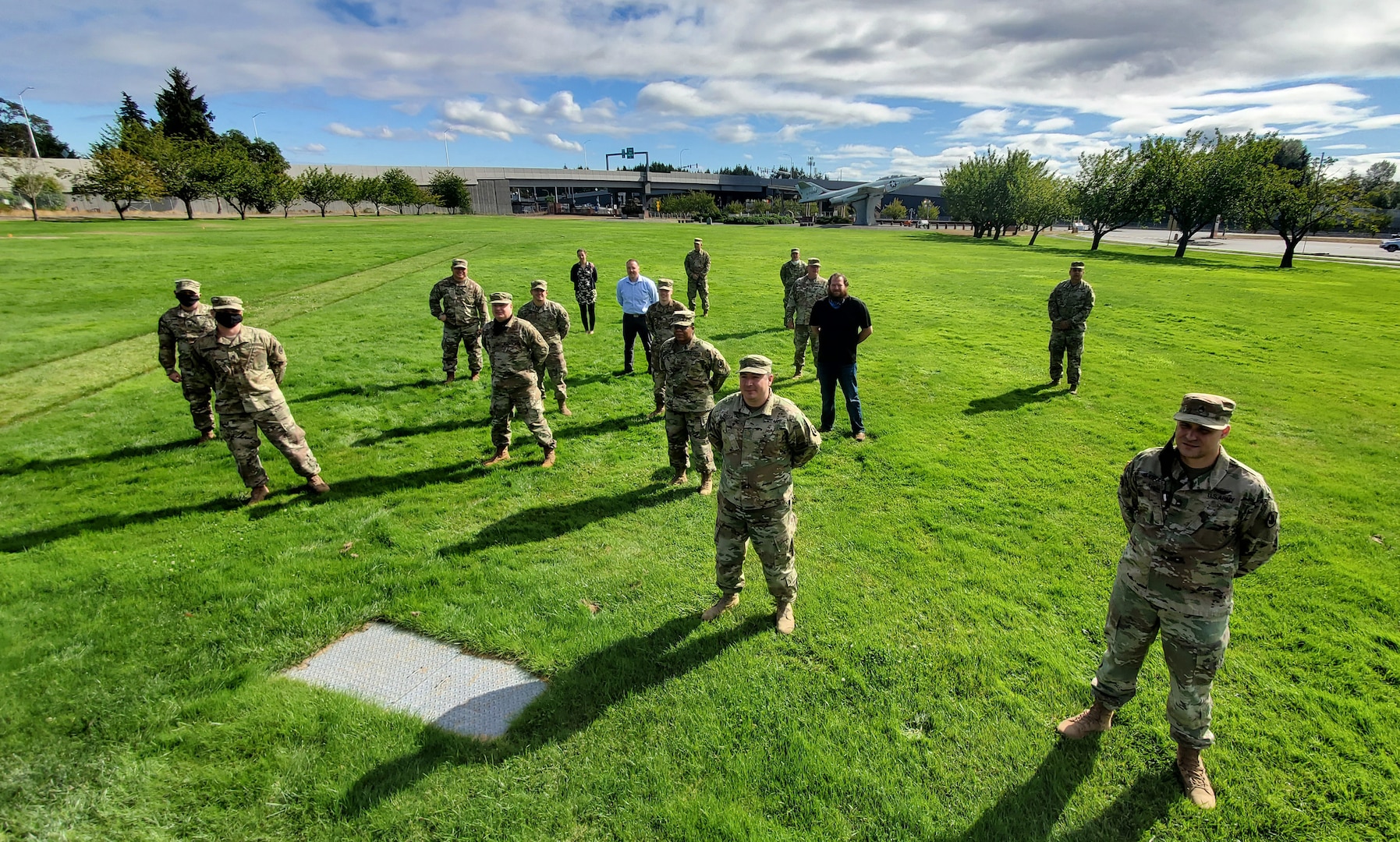 Ten members of the Washington National Guard, shown at Camp Murray, Wash., Sept. 22, 2020, took part in the Cyber Shield 2020 virtual cybersecurity exercise involving more than 800 National Guard Soldiers and Airmen from around the United States.