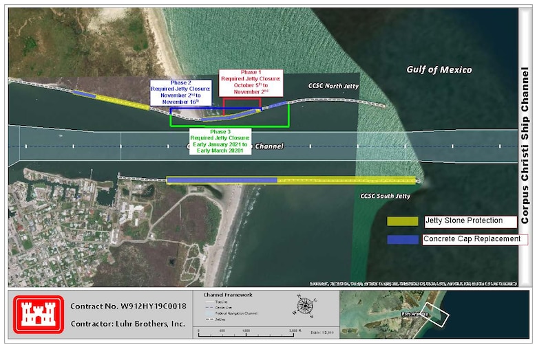 Graphic of the Corpus Christi Ship Channel - Entrance Channel Jetty Repairs plan. The map shows construction and closures to take place on the north jetty during phase 1,2 and 3.