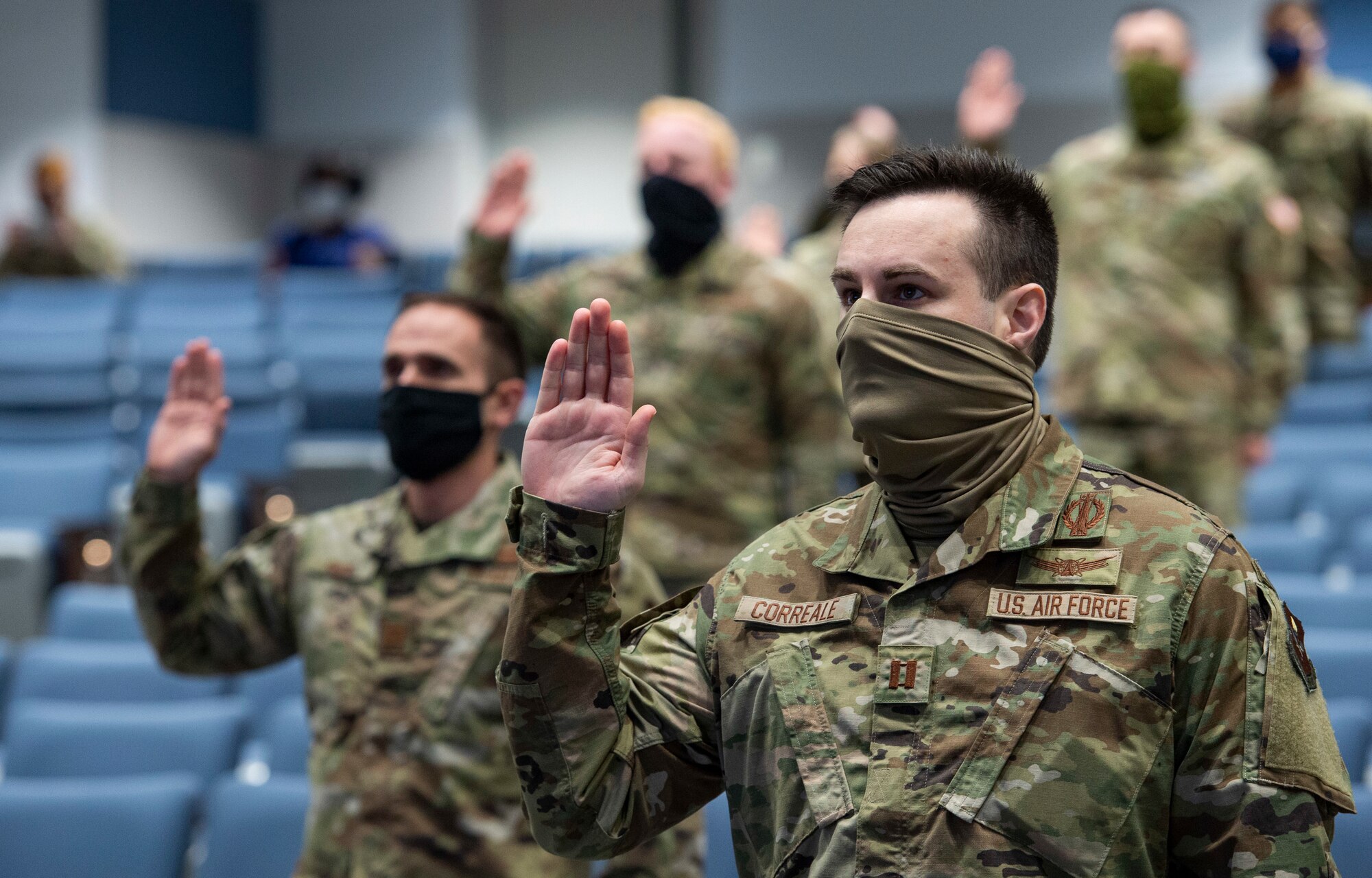 Capt. Anthony Correal, an operations research master’s student at the Air Force Institute of Technology is sworn into the U.S. Space Force during a virtual commissioning and enlistment ceremony led by U.S. Space Force Chief of Space Operations Gen. John W. “Jay” Raymond on Sept. 15, 2020.  (U.S. Air Force photo/Wesley Farnsworth)