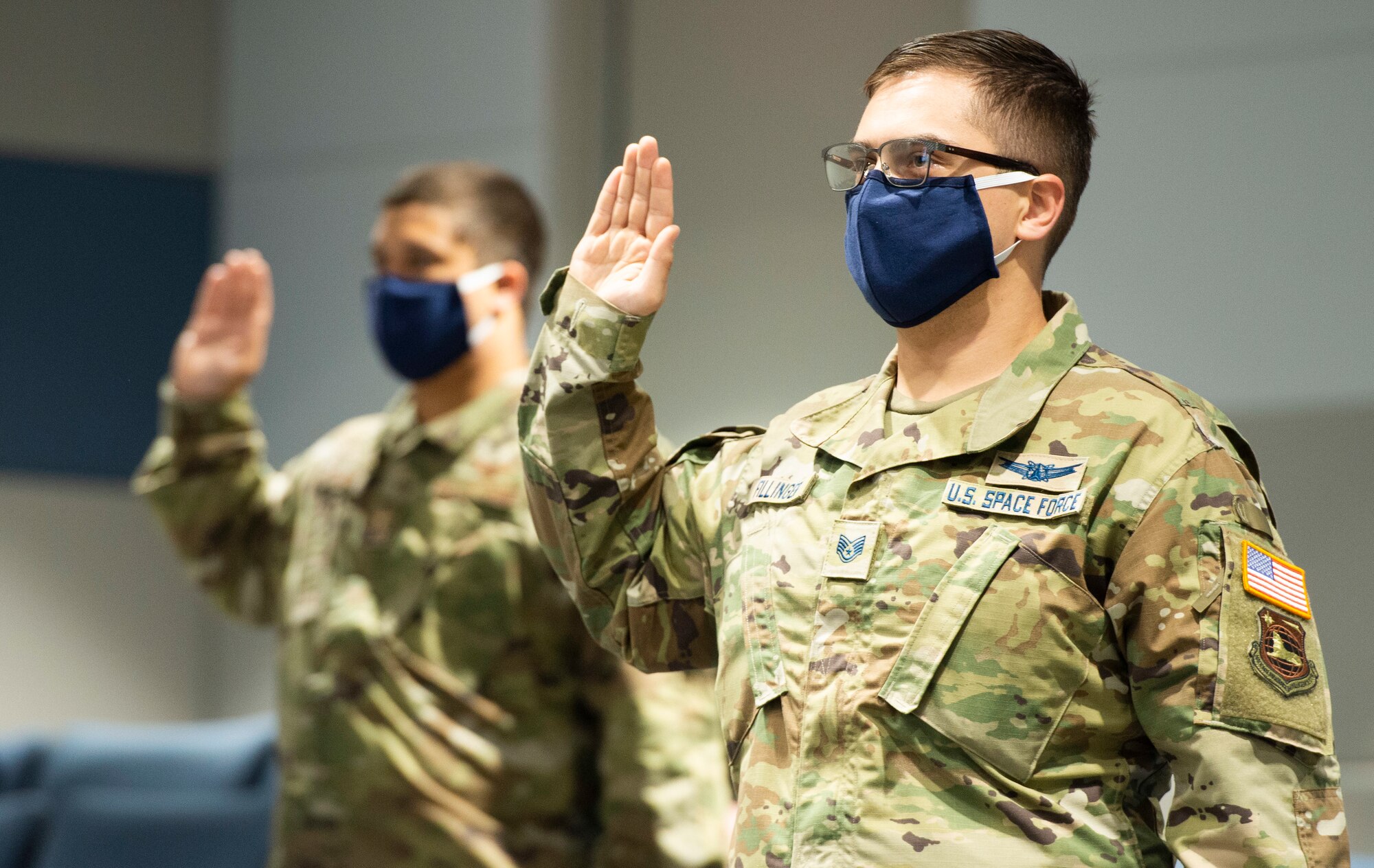 Staff Sgt. Benjamin Fillinger, assigned to the National Air and Space Intelligence Center, participated in a virtual U.S. Space Force commissioning and enlistment ceremony led by USSF Chief of Space Operations Gen. John W. “Jay” Raymond on Sept. 15, 2020. (U.S. Air Force photo/Wesley Farnsworth).