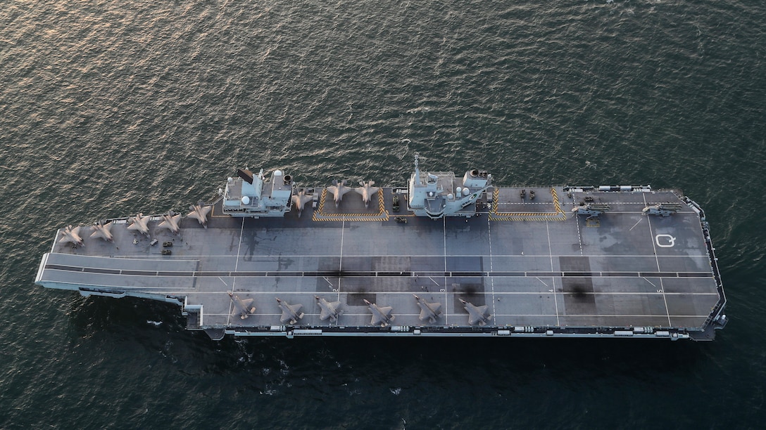 F-35B Lightning II Joint Strike Fighters and the United Kingdom's Lightning 617 Squadron embarking onboard HMS Queen Elizabeth, Sept. 22.