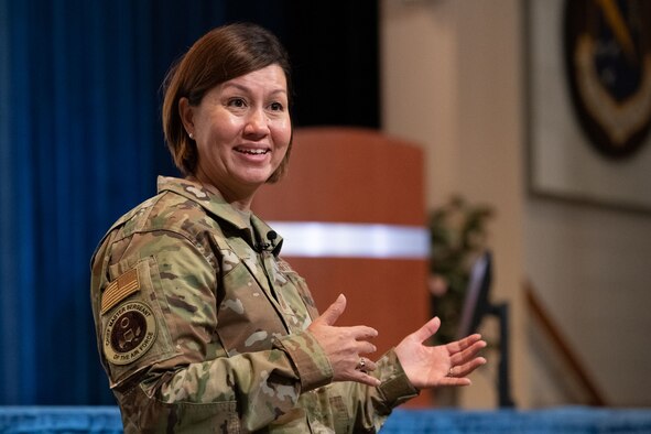 Chief Master Sgt. of the Air Force JoAnne S. Bass speaks with Air University students and staff Sept. 24, 2020, on Maxwell Air Force Base, Alabama. During her visit, Bass discussed the current climate of the force and her priorities; people, readiness and culture. (U.S. Air Force photo by William Birchfield)