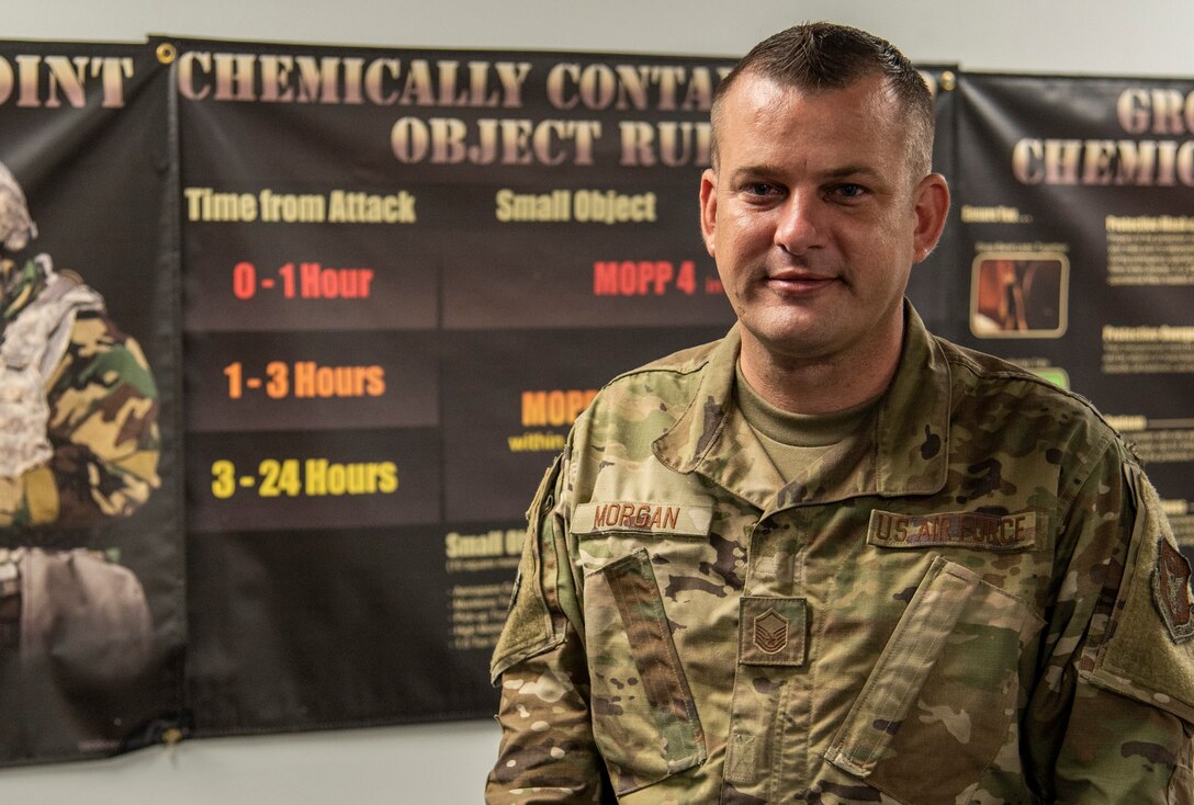 Master Sergeant Kevin Morgan, emergency management specialist with the 932nd Airlift Wing Civil Engineering Squadron poses for a photo on Scott Air Force Base, Illinois, August 27, 2020. Morgan spoke about how he enjoys being apart of EM and instructing CBRN course to keep Airmen ready to deploy. (U.S. Air Force photo by SrA. Brooke Spenner)