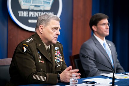 Army Gen. Mark A. Milley, chairman of the Joint Chiefs of Staff, speaks during a virtual town hall at the Pentagon, Sept. 24, 2020. Milley, joined by Secretary of Defense Mark T. Esper and Senior Enlisted Advisor to the Chairman (SEAC) Ramon "CZ" Colon-Lopez, answered questions asked by service members, their families, DOD civilians and the American public about the department’s COVID-19 response and diversity and inclusion. (DOD Photo by Navy Petty Officer 1st Class Carlos M. Vazquez II)