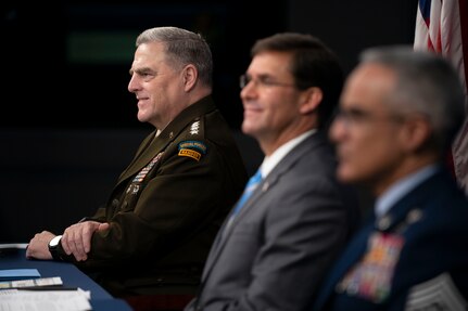 Secretary of Defense Mark T. Esper, Army Gen. Mark A. Milley, chairman of the Joint Chiefs of Staff, and Senior Enlisted Advisor to the Chairman (SEAC) Ramon "CZ" Colon-Lopez host a virtual town hall at the Pentagon, Sept. 24, 2020. The Defense Department leaders answered questions asked by service members, their families, DOD civilians and the American public about the department’s COVID-19 response and diversity and inclusion. (DOD Photo by Navy Petty Officer 1st Class Carlos M. Vazquez II)