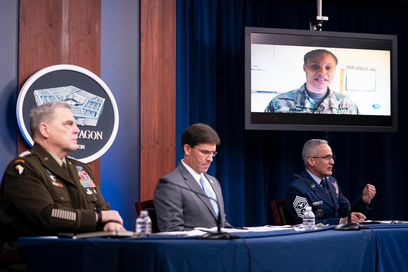 Senior Enlisted Advisor to the Chairman (SEAC) Ramon "CZ" Colon-Lopez speaks during a virtual town hall at the Pentagon, Sept. 24, 2020. Colon-Lopez, joined by Secretary of Defense Mark T. Esper and Army Gen. Mark A. Milley, chairman of the Joint Chiefs of Staff, answered questions asked by service members, their families, DOD civilians and the American public about the department’s COVID-19 response and diversity and inclusion. (DOD Photo by Navy Petty Officer 1st Class Carlos M. Vazquez II)