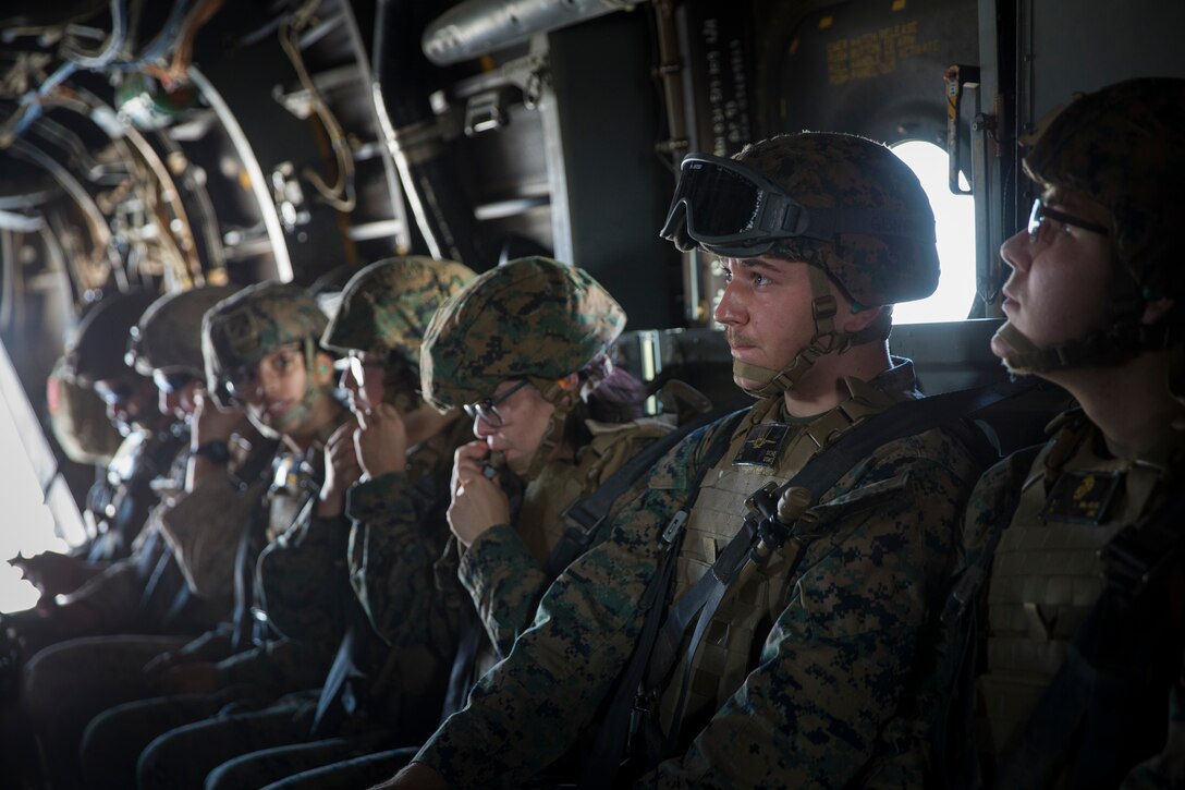 U.S. Marines with Marine Operational Test and Evaluation Squadron (VMX) 1, are transported in a MV-22B Osprey during a live ordnance observation training in Yuma, Ariz., Aug. 28, 2020.