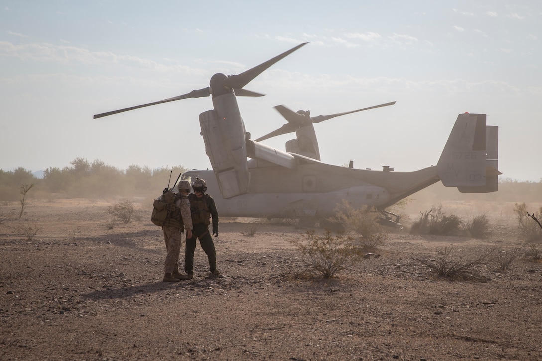 U.S. Marines with Marine Operational Test and Evaluation Squadron (VMX) 1, are transported in a MV-22B Osprey during a live ordnance observation training in Yuma, Ariz., Aug. 28, 2020.