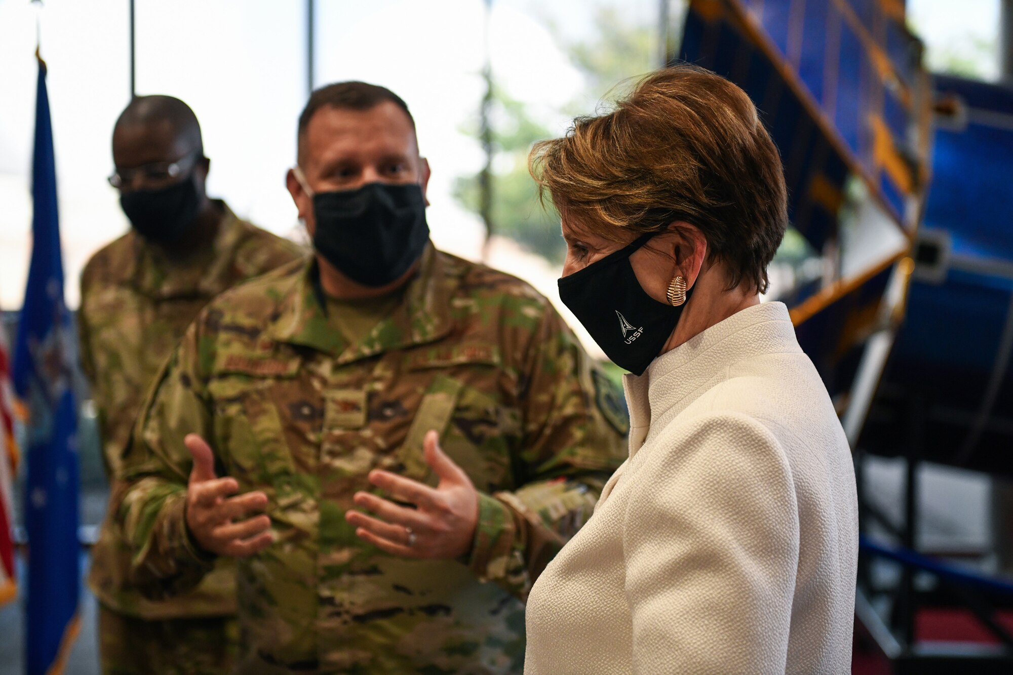 Col. Richard Bourquin, Space Delta 4 commander, gives a mission brief to Secretary of the Air Force Barbara Barrett on Sept. 23, 2020, at DEL 4’s Mission Control Station on Buckley Air Force Base, Colo.