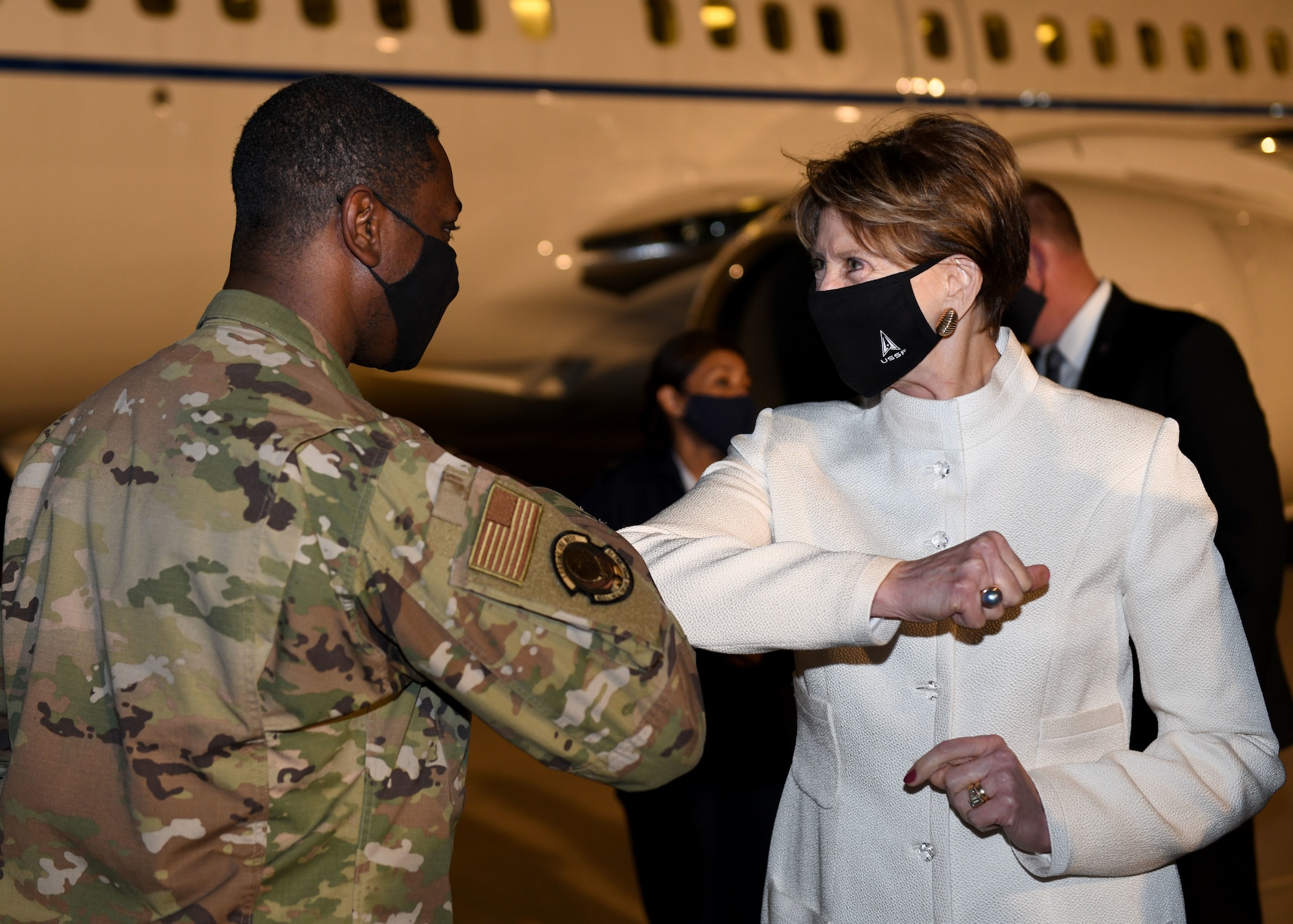 Secretary of the Air Force Barbara Barrett recognizes Tech. Sgt. Timothy McCoy, 460th Health Care Operations Squadron laboratory flight chief, during her visit to Buckley Air Force Base, Colo., on Sept. 23, 2020.