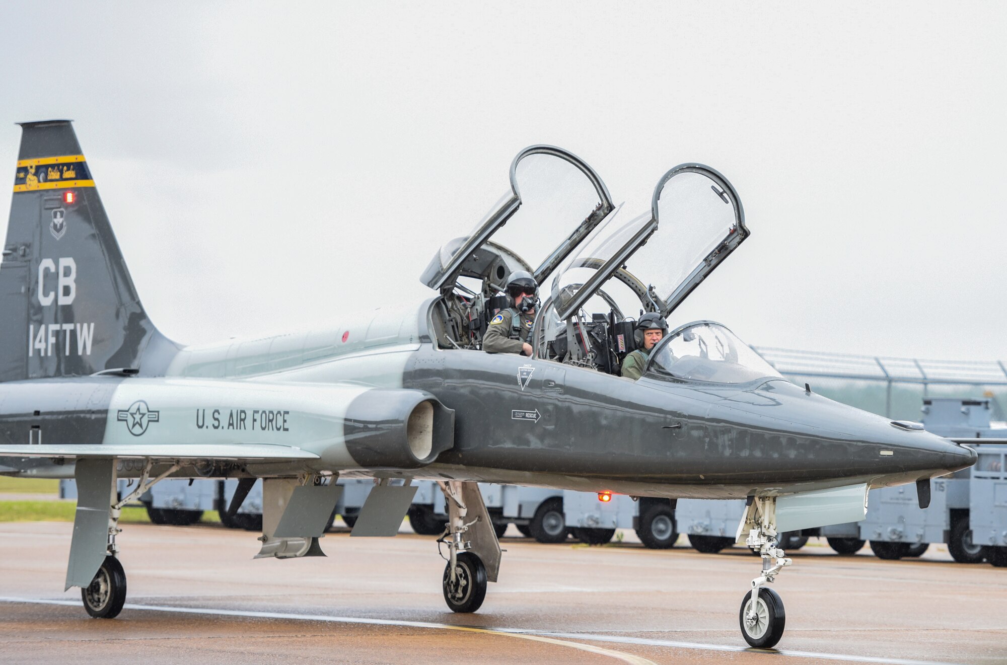 U.S. Air Force Lt. Col. David Easterling Jr., 43rd Flying Training Squadron instructor pilot, and Capt. Kevin Mudd, 50th FTS instructor pilot, taxi on the flightline after his flight on September 23, 2020, at Columbus Air Force Base, Miss. The T-38 first flew in 1959 and the Air and Education Command began receiving T-38 models in 2001. (U.S. Air Force photo by Airman 1st Class Davis Donaldson)