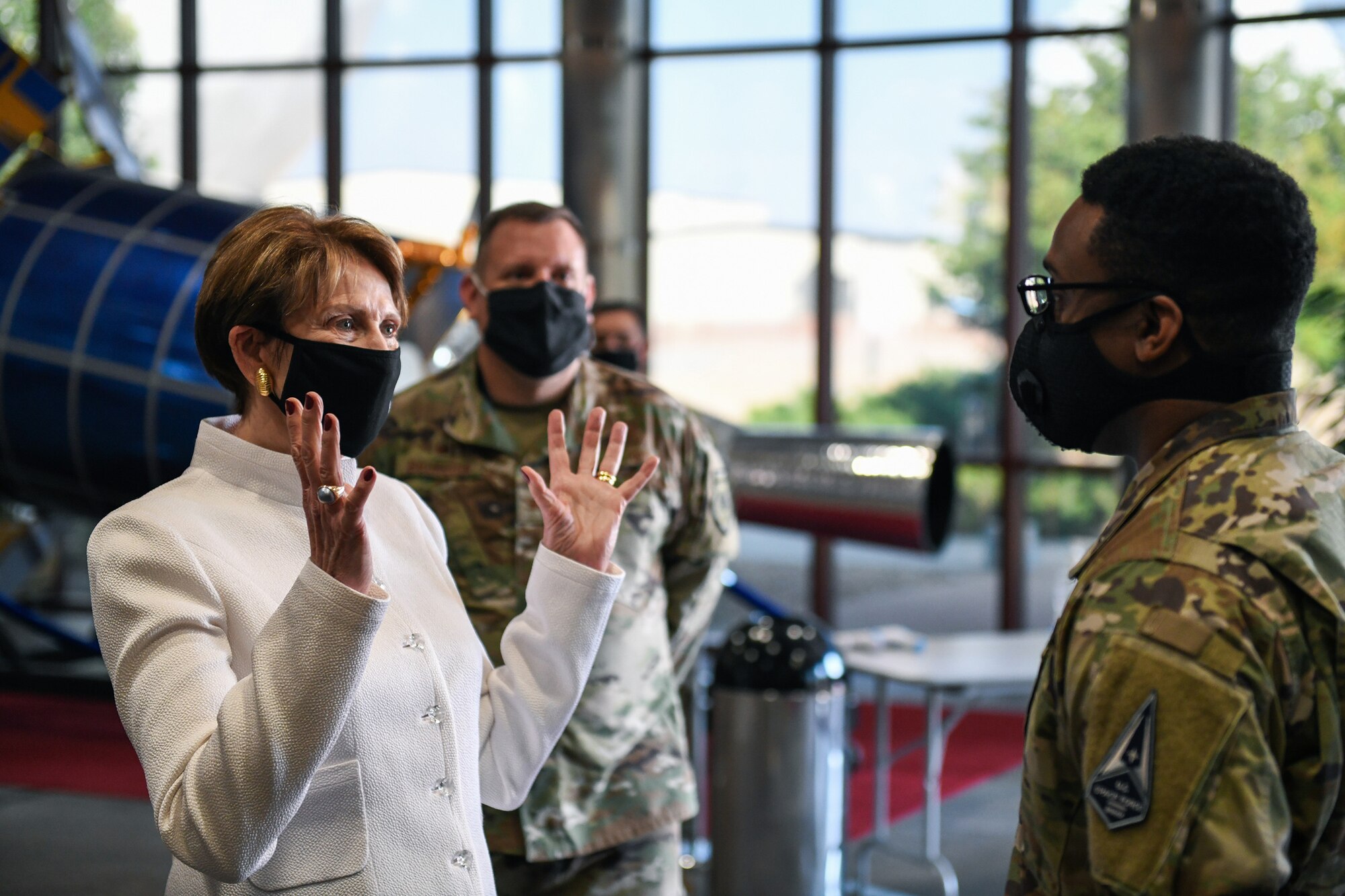 The Secretary of the Air Force Barbara Barrett speaks to Capt. Christopher Billups, Space Delta 4 executive officer, Sept. 23, 2020, at DEL 4’s Mission Control Station on Buckley Air Force Base, Colo.