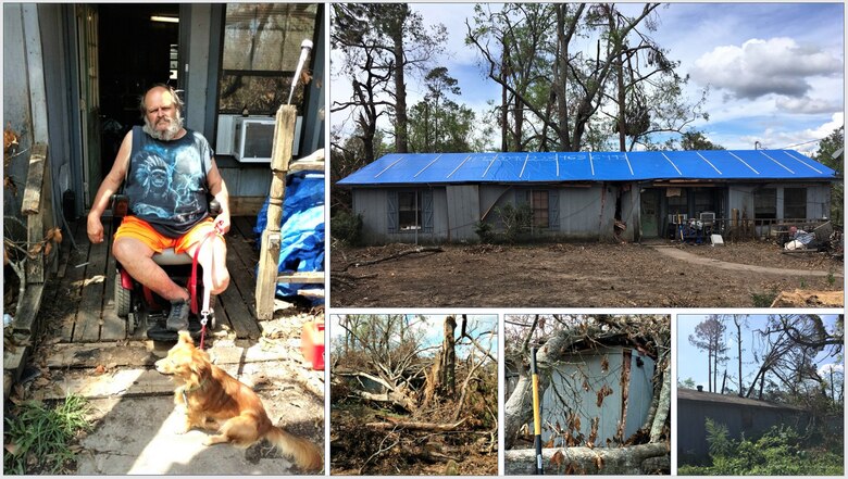 IN THE COLLAGE, photos of southwest Louisiana homeowner and blue roof recipient Brennon Williams and his home both before and after the blue roof installation. Williams’ home was one of 3,730 to receive a blue roof during Hurricane Laura recovery efforts. (Courtesy photos)