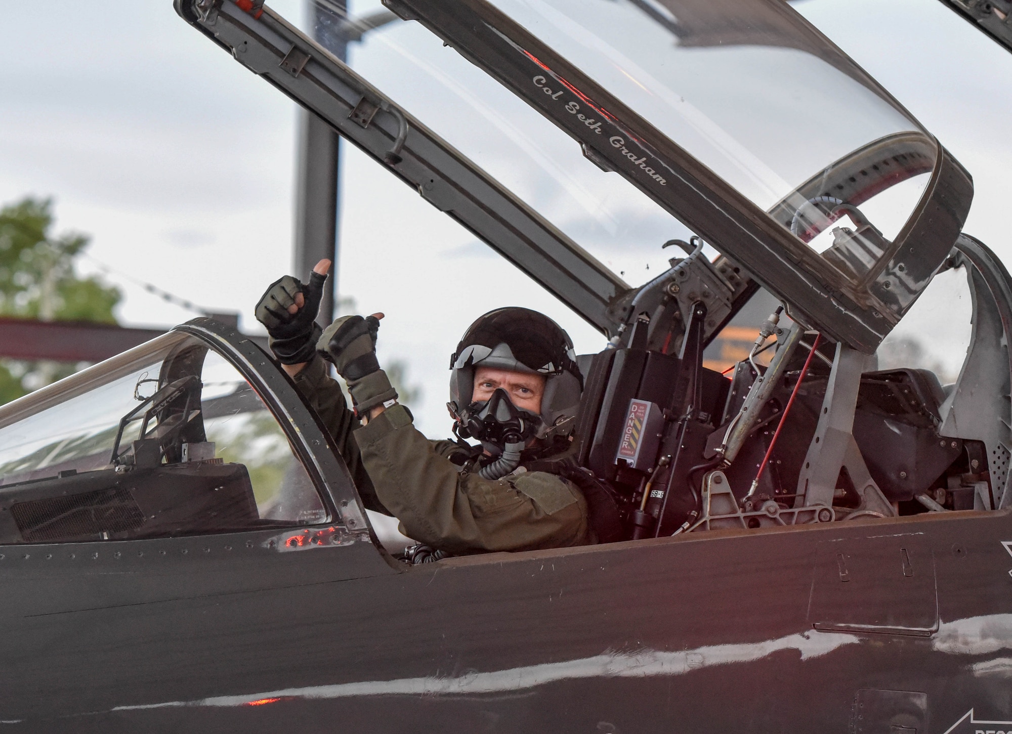 U.S. Air Force Lt. Col. David Easterling Jr., 43rd Flying Training Squadron instructor pilot, gives a thumbs up in the cockpit of a T-38 Talon on September 23, 2020, at Columbus Air Force Base, Miss. The T-38 can reach a speed of up to 912 mph. (U.S. Air Force photo by Airman 1st Class Davis Donaldson)