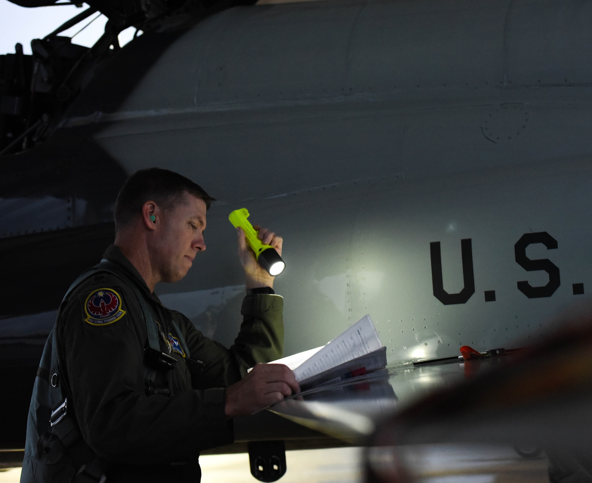 U.S. Air Force Lt. Col. David Easterling Jr., 43rd Flying Training Squadron instructor pilot, conducts a pre-flight check on September 23, 2020, at Columbus Air Force Base, Miss. Air Education and Training Command is the primary user of the T-38 for joint specialized undergraduate pilot training. (U.S. Air Force photo by Airman 1st Class Davis Donaldson)