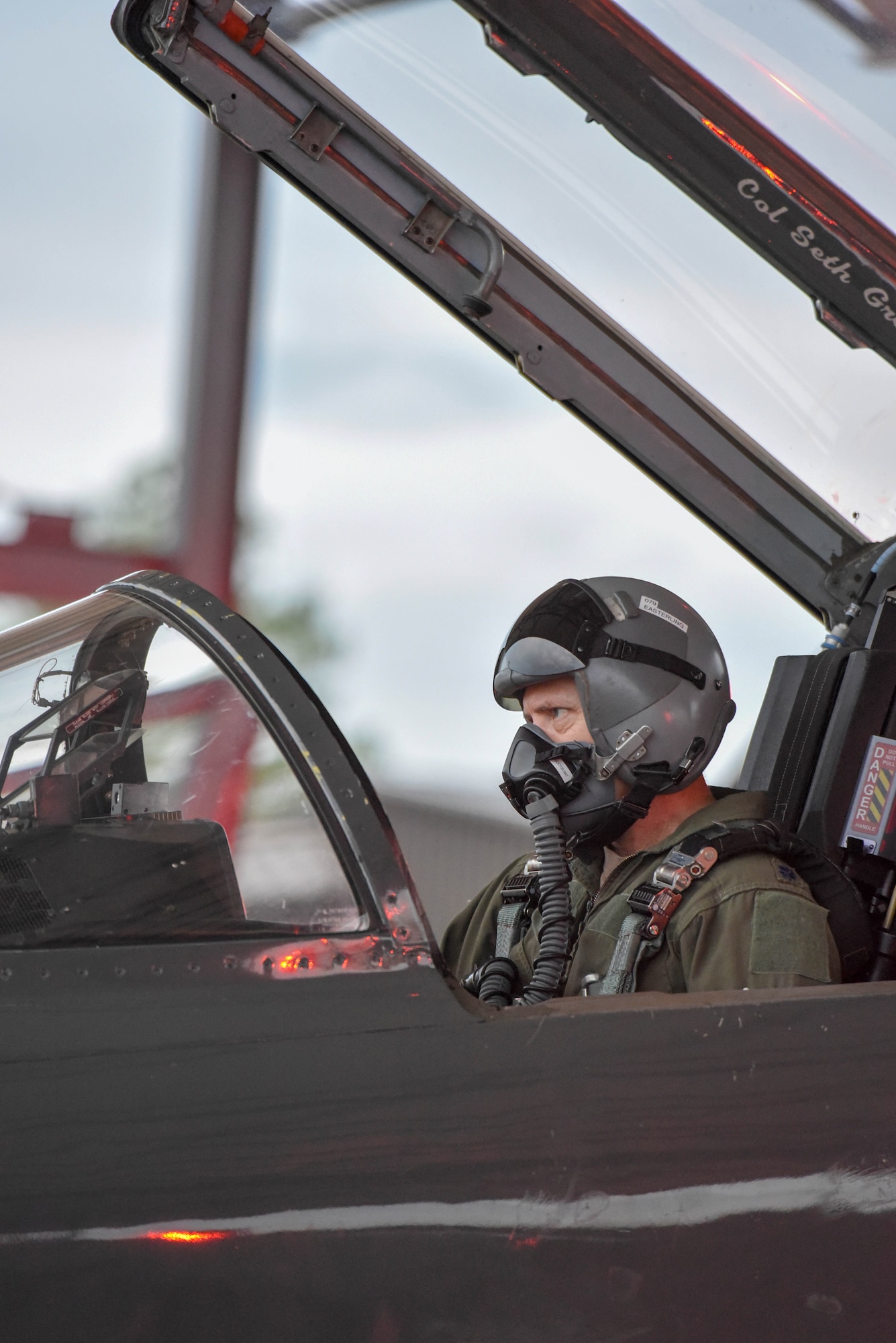 U.S. Air Force Lt. Col. David Easterling Jr., 43rd Flying Training Squadron instructor pilot, goes through system checks in the cockpit of a T-38 Talon on September 23, 2020, at Columbus Air Force Base, Miss. The T-38 incorporates a "glass cockpit" with integrated avionics displays, head-up display and an electronic "no drop bomb" scoring system. (U.S. Air Force photo by Airman 1st Class Davis Donaldson)