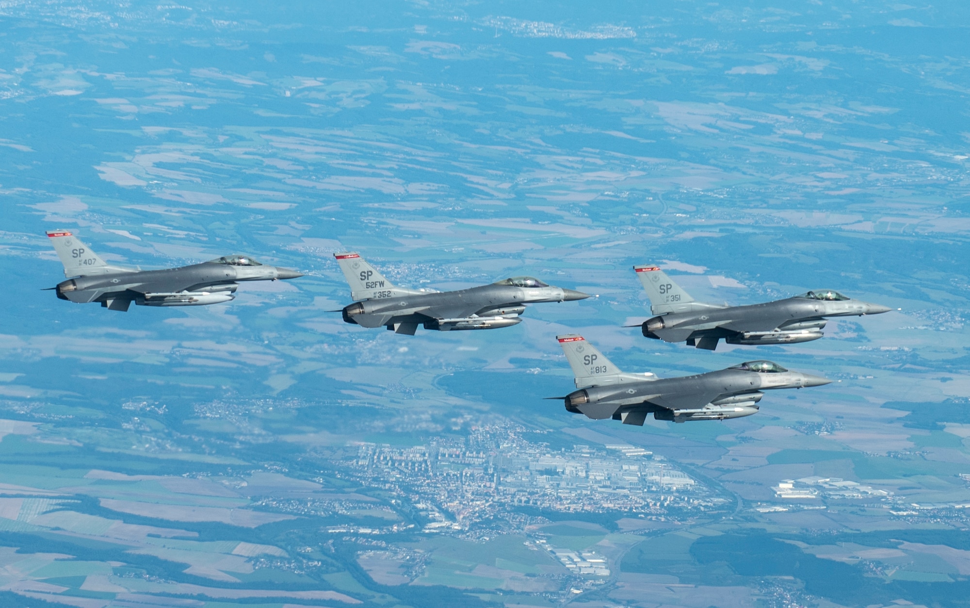 Four U.S. Air Force F-16 Fighting Falcons, assigned to the 52nd Fighter Wing fly towards Czechia from Spangdahlem Air Base, Germany, Sept. 19, 2020. These aircraft later joined others as they participated in flyovers near Ostrava, Czechia.  (U.S. Air Force photo by Senior Airman Chanceler Nardone)