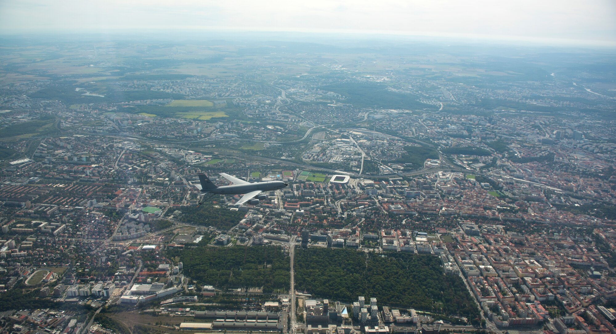 A U.S. Air Force KC-135 assigned to the 155th Air Refueling Wing flies over Prague, Czechia Sept. 19, 2020. Participation in events like "NATO Days" helps promote the continued importance of NATO and interoperability between NATO Allies and partners. (U.S. Air Force photo by Senior Airman Chanceler Nardone)