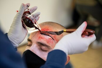 U.S. Air Force Staff Sgt. Shawnee Ryan, left, 422nd Medical Squadron lab technician, applies moulage to Staff Sgt. Oscar Samame Cabellos, right, 501st Combat Support Wing Finance Management finance technician, during an exercise at RAF Croughton, England, Sept. 21, 2020. The 501st CSW exercise tested preparedness and interoperability by responding to a simulated active stabber situation. (U.S. Air Force photo by Senior Airman Jennifer Zima)