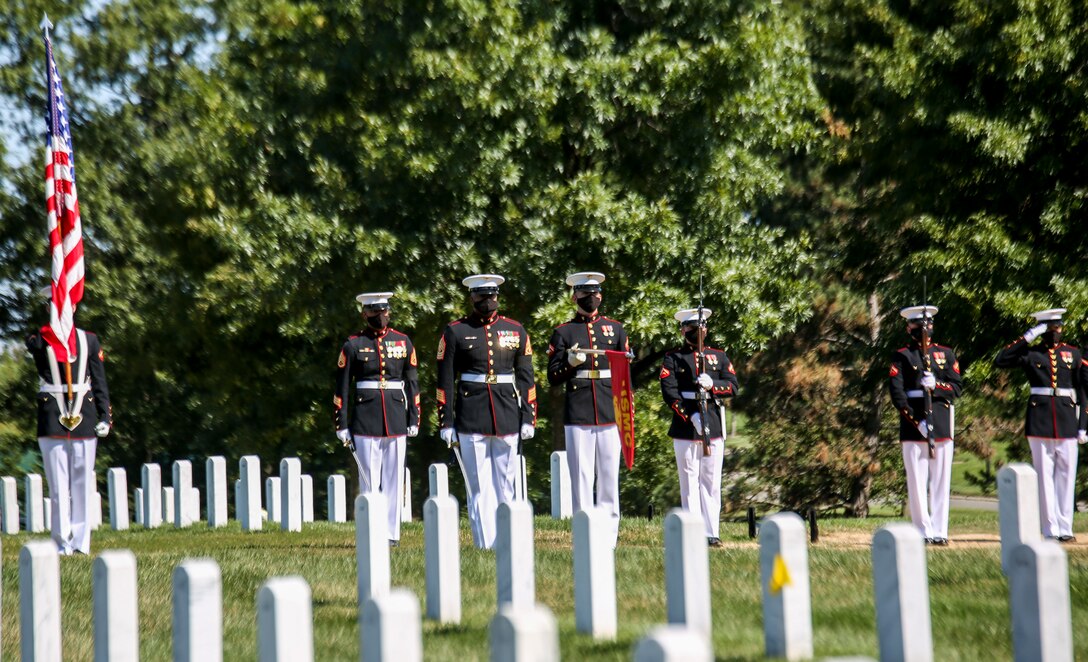 Marines with Marine Barracks Washington, D.C. render a salute during a full honors funeral for repatriated WWII Marine Pfc. Harry Morrissey at Arlington National Cemetery, Arlington, Virginia, Sept. 22, 2020. Morrissey, a Everett, Massachusetts native, was killed in action while participating in the main offensive of the Battle of Guadalcanal on October 9, 1942, while serving with Company B, 1st Battalion, 1st Marines, 1st Marine Division. His remains were found atop Hill 73 on August 28, 2017 and identified on December 17, 2017. (U.S. Marine Corps photo by Sgt. Robert Knapp/Released)