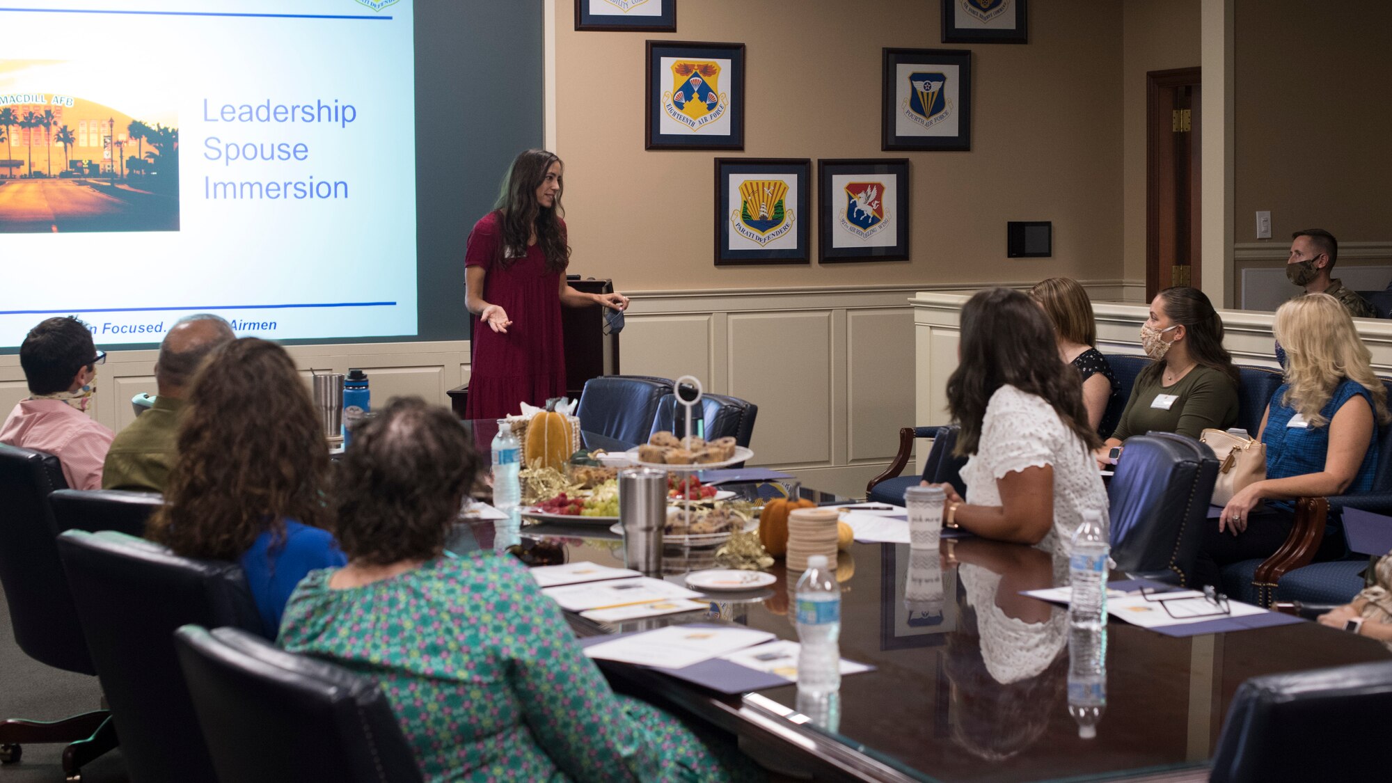 Heather Jonsson, spouse to Air Force Col. Ben Jonsson, 6th Air Refueling Wing (ARW) commander, speaks to 6th ARW senior-leadership spouses during an immersion tour at MacDill Air Force Base, Florida, Sept. 24, 2020.