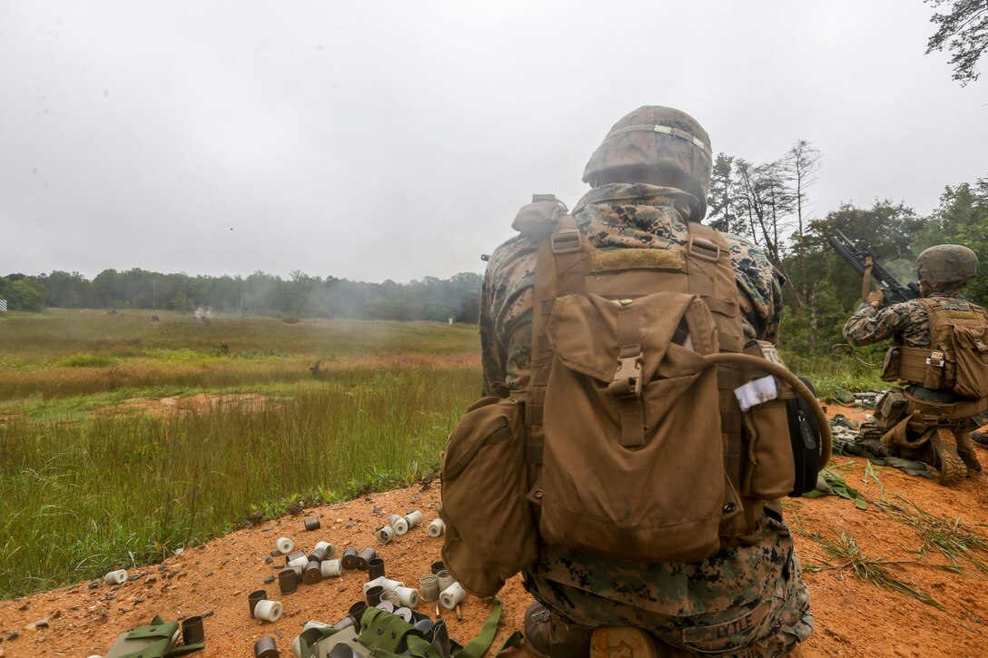 Marines with Bravo Company participate in a high explosive (HE) range during a three day field operation at Marine Corps Base Quantico in Quantico, Virginia, Sept. 10, 2020. The training evolution trained the Marines in different weapons systems proficiency and squad tactics. (U.S. Marine Corps Photo by Sgt. Jason Kolela)