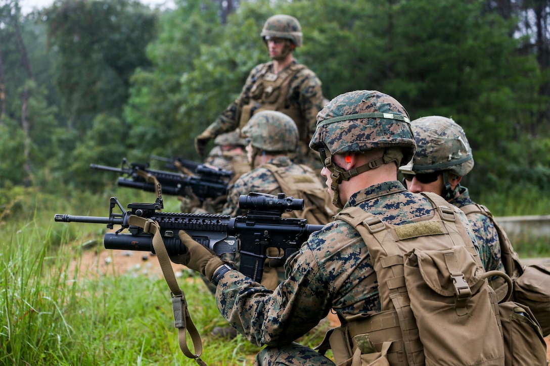 Marines with Bravo Company participate in a high explosive (HE) range during a three day field operation at Marine Corps Base Quantico in Quantico, Virginia, Sept. 10, 2020. The training evolution trained the Marines in different weapons systems proficiency and squad tactics. (U.S. Marine Corps Photo by Sgt. Robert Knapp)