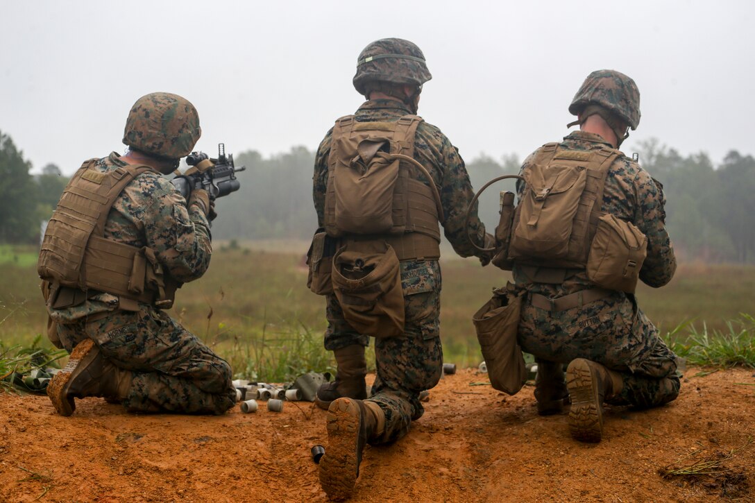 Marines with Bravo Company participate in a high explosive (HE) range during a three day field operation at Marine Corps Base Quantico in Quantico, Virginia, Sept. 10, 2020. The training evolution trained the Marines in different weapons systems proficiency and squad tactics. (U.S. Marine Corps Photo by Sgt. Robert Knapp)