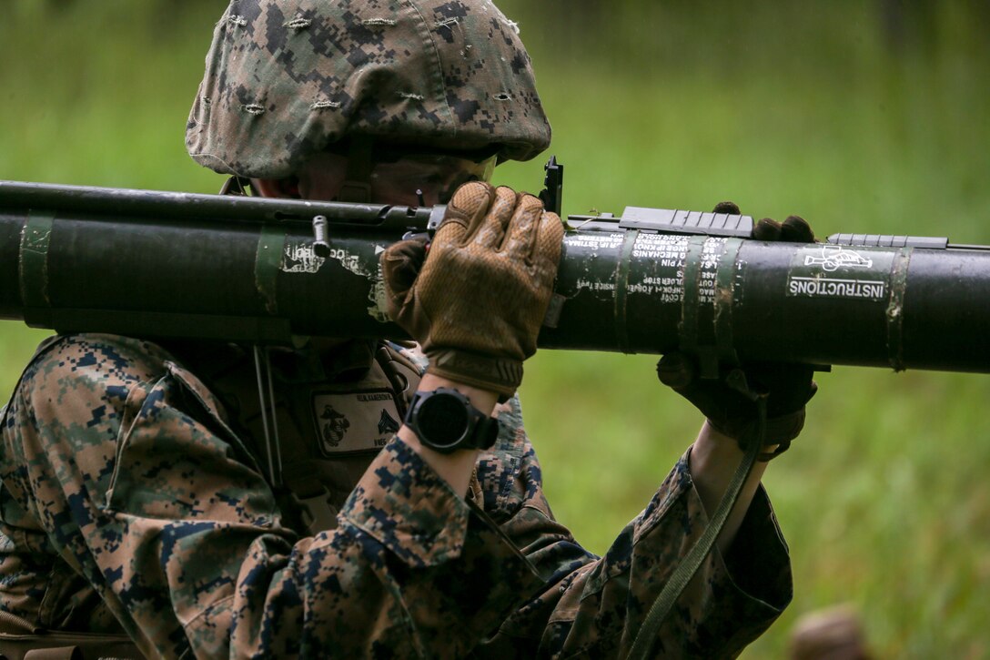 Marines with Bravo Company participate in a high explosive (HE) range during a three day field operation at Marine Corps Base Quantico in Quantico, Virginia, Sept. 10, 2020. The training evolution trained the Marines in different weapons systems proficiency and squad tactics. (U.S. Marine Corps Photo by Sgt. Robert Knapp)