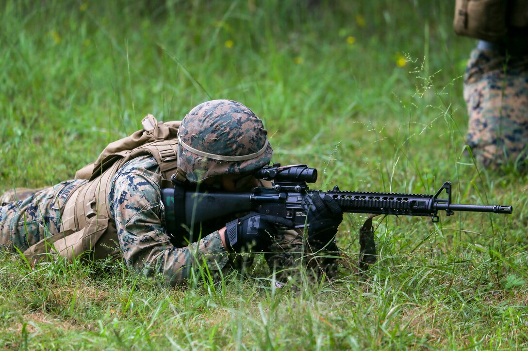 Marines with Bravo Company participate in a high explosive (HE) range during a three day field operation at Marine Corps Base Quantico in Quantico, Virginia, Sept. 10, 2020. The training evolution trained the Marines in different weapons systems proficiency and squad tactics. (U.S. Marine Corps Photo by Sgt. Robert Knapp)