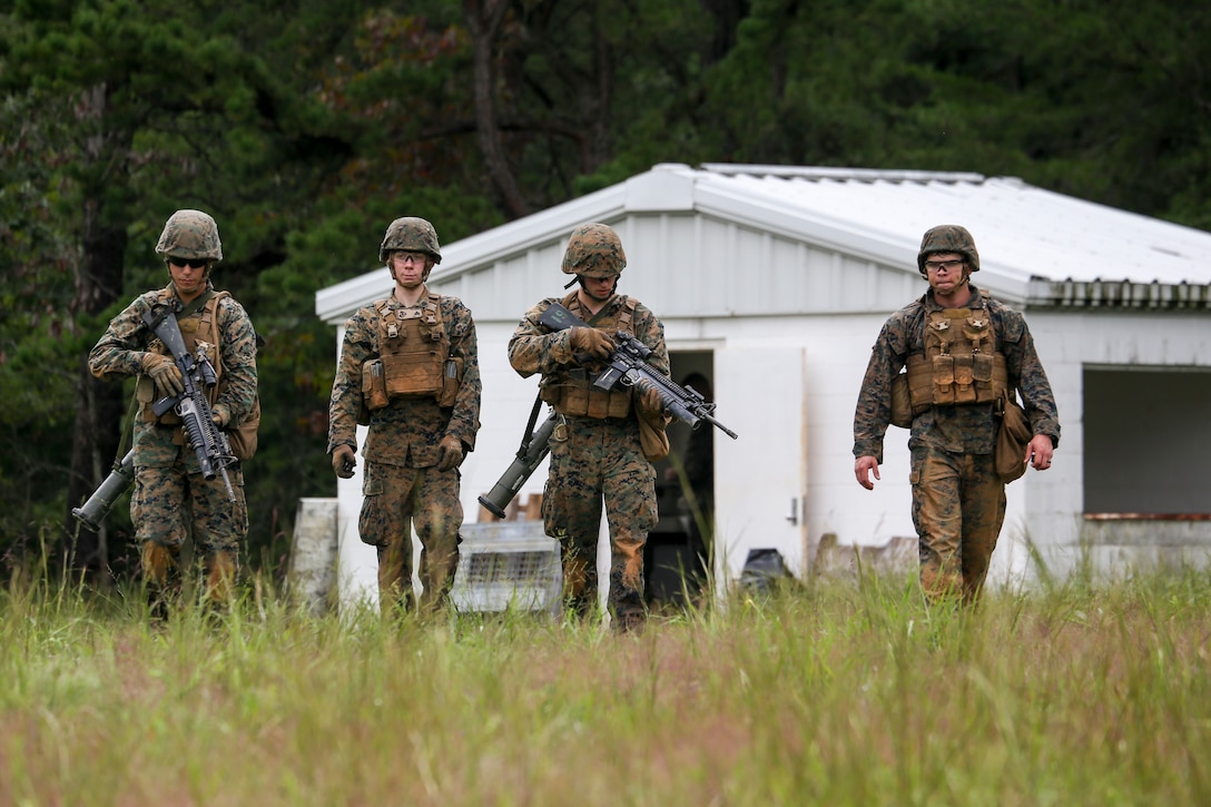 Marines with Bravo Company participate in a high explosive (HE) range during a three day field operation at Marine Corps Base Quantico in Quantico, Virginia, Sept. 10, 2020.