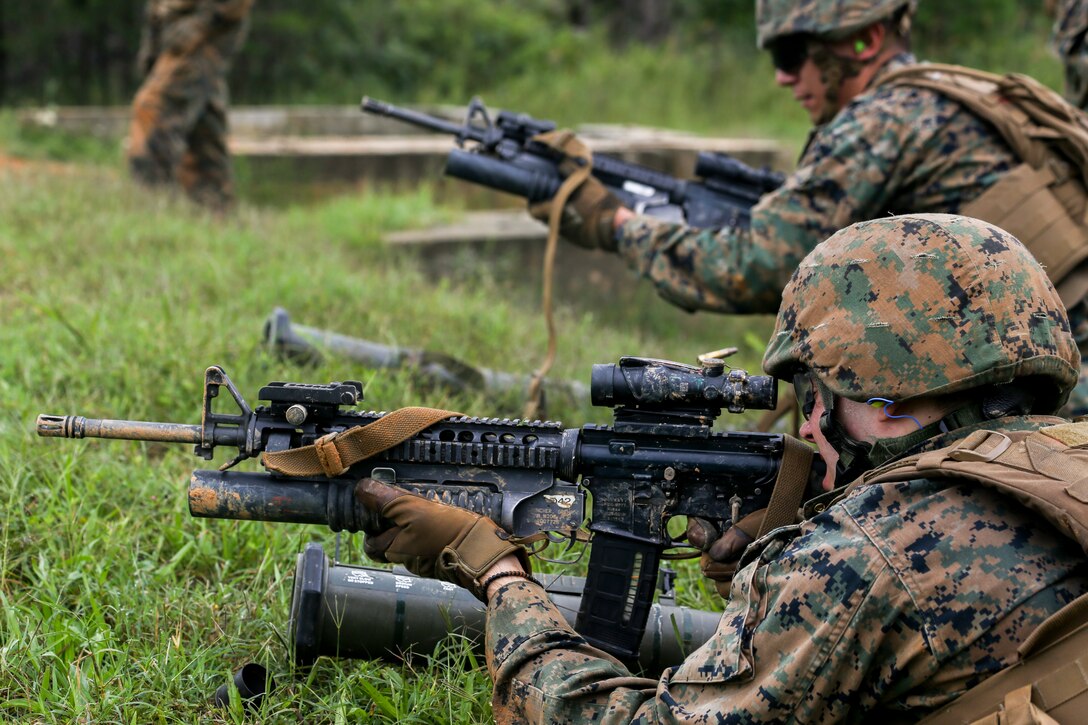 Marines with Bravo Company participate in a high explosive (HE) range during a three day field operation at Marine Corps Base Quantico in Quantico, Virginia, Sept. 10, 2020.